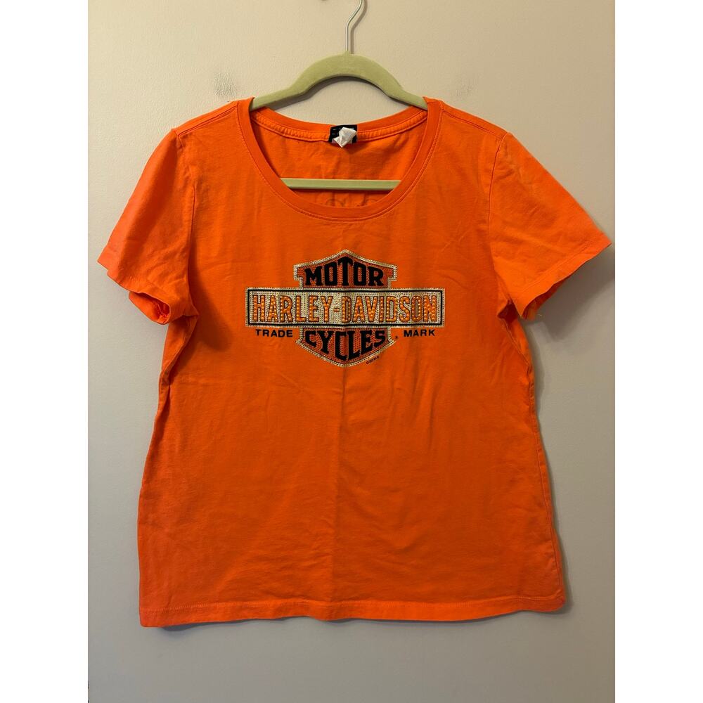Harley Davidson Women's T-Shirt Orange Bling Short Sleeve Size XL